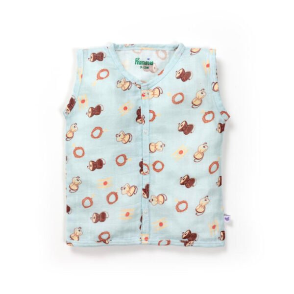 Unisex Baby Damru Printed 100% Organic Cotton Jhabla and Langot Set - Sky Blue and White - Image 2