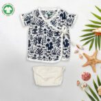 Unisex Baby Sea life Printed 100% Organic Cotton Jhabla and Nappy Set - Blue and White