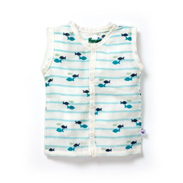 Unisex Baby Sea life Printed 100% Organic Cotton Jhabla and Nappy Set - Blue and White - Image 3