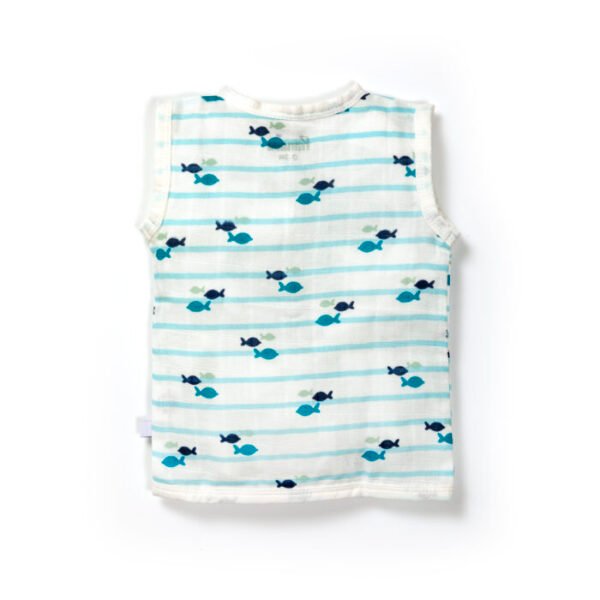 Unisex Baby Sea life Printed 100% Organic Cotton Jhabla and Nappy Set - Blue and White - Image 4