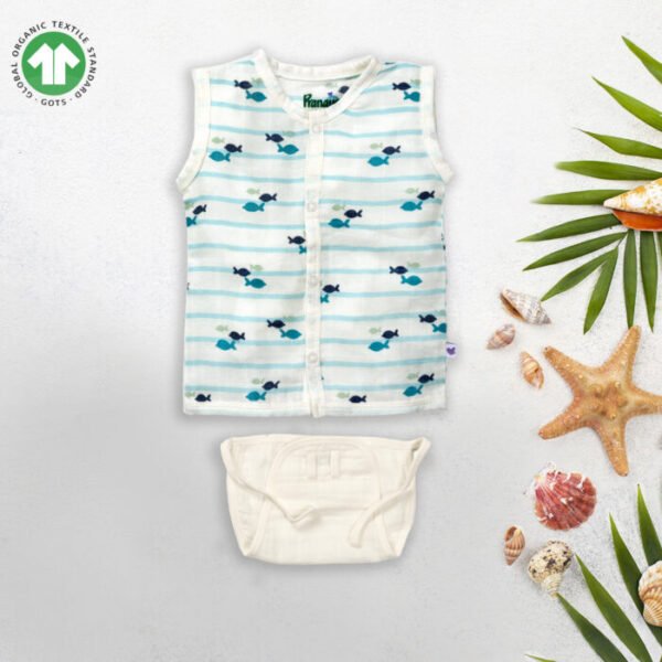 Unisex Baby Sea life Printed 100% Organic Cotton Jhabla and Nappy Set - Blue and White - Image 1
