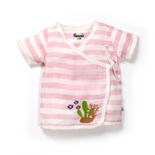 Unisex Baby Sea life Printed 100% Organic Cotton Jhabla and Nappy Set - Pink and White - Image 2
