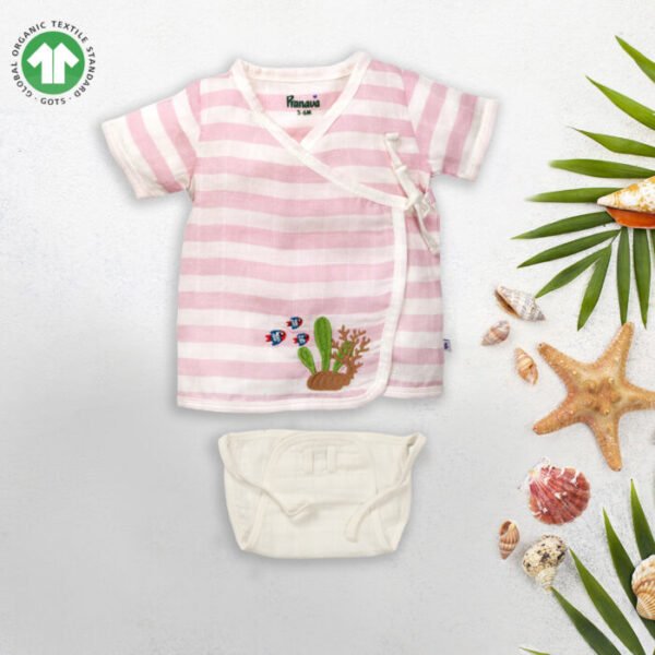 Unisex Baby Sea life Printed 100% Organic Cotton Jhabla and Nappy Set - Pink and White - Image 1