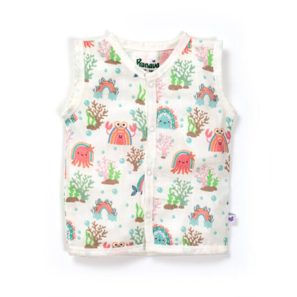 Unisex Baby Sea life Printed 100% Organic Cotton Jhabla and Nappy Set - White - Image 2