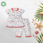 Baby Girls Printed 100% Organic Cotton Sleepsuit with 3/4 pant - White