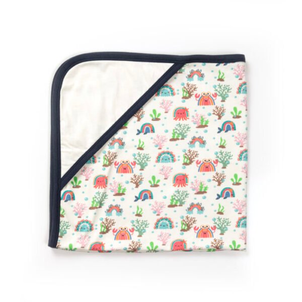 Unisex 100% Organic Cotton Sea Life Printed Interlock Blanket for Newborn Baby- White - Image 2