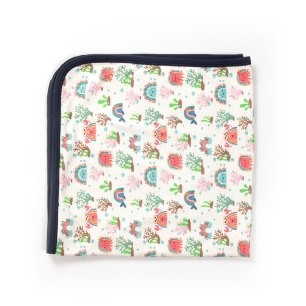 Unisex 100% Organic Cotton Sea Life Printed Interlock Blanket for Newborn Baby- White - Image 4