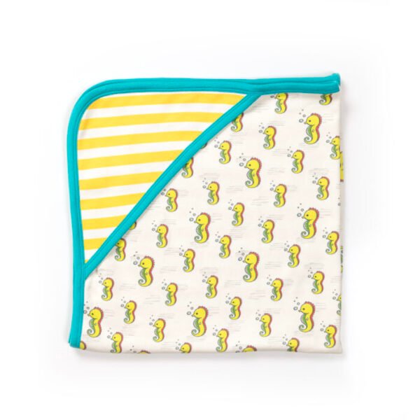 Unisex 100% Organic Cotton Seahorse Printed Interlock Blanket for Newborn Baby- White - Image 3