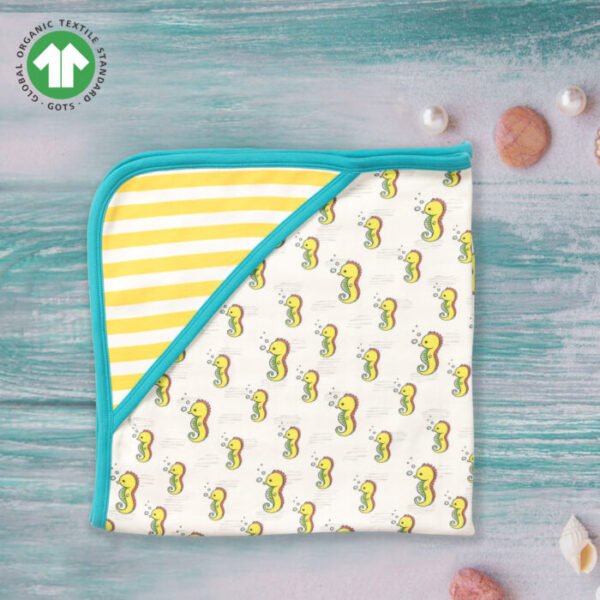 Unisex 100% Organic Cotton Seahorse Printed Interlock Blanket for Newborn Baby- White - Image 1