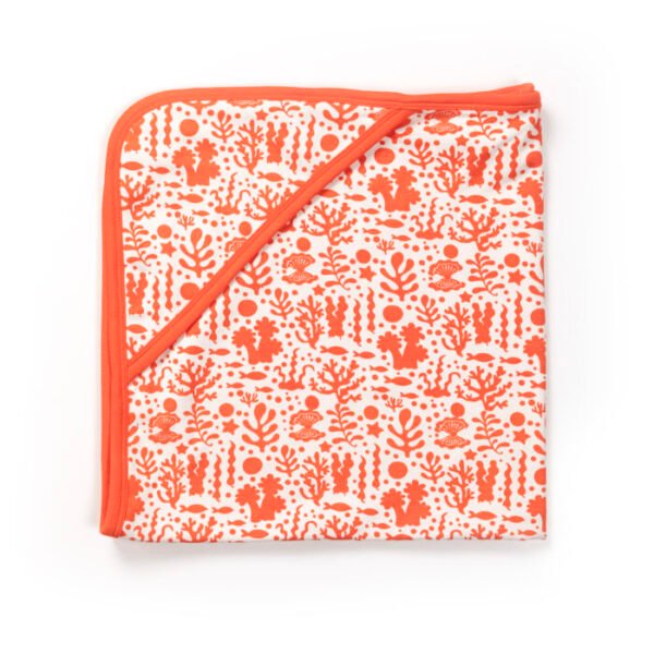 Unisex 100% Organic Cotton Sea Life printed Interlock blanket for Newborn Baby- White and Orange - Image 2