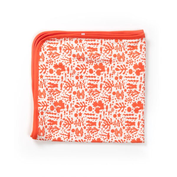 Unisex 100% Organic Cotton Sea Life printed Interlock blanket for Newborn Baby- White and Orange - Image 4