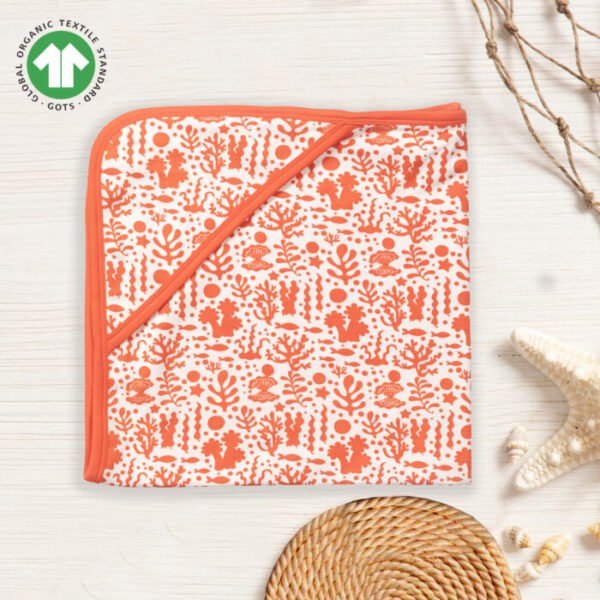 Unisex 100% Organic Cotton Sea Life printed Interlock blanket for Newborn Baby- White and Orange - Image 1