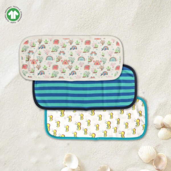 Kids and Newborn Babies 100% Organic Cotton Sea Life Printed Burp Cloths - Blue and White - Pack of 3 - Image 1