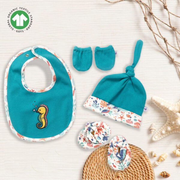 Unisex 100% Organic Cotton Seahorse Printed Gift set for Newborn Baby - Pack of 4 - Aqua Blue - Image 1