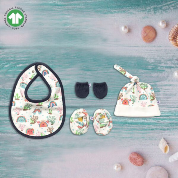 Unisex 100% Organic Cotton Sea Life printed Gift set for Newborn Baby - Pack of 4 - Navy and White - Image 1