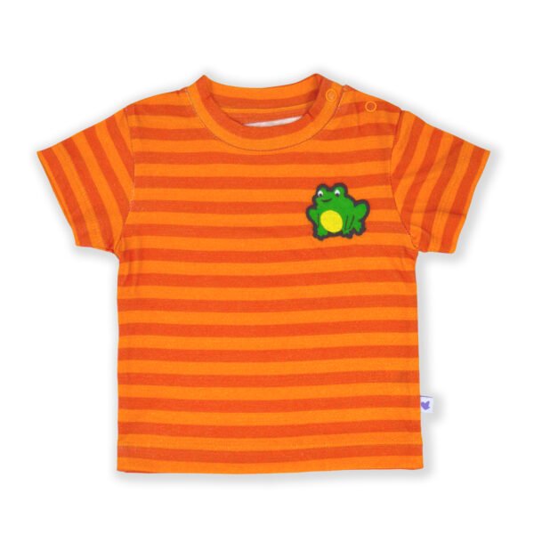 Unisex Baby Wear 100% Organic Cotton Half Sleeve Stripe T-shirt with cute Frog Embroidered - Orange - Image 2