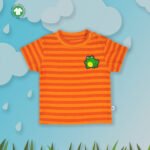 Unisex Baby Wear 100% Organic Cotton Half Sleeve Stripe T-shirt with cute Frog Embroidered - Orange