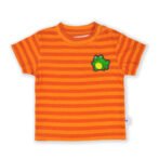 Unisex Baby Wear 100% Organic Cotton Half Sleeve Stripe T-shirt with cute Frog Embroidered - Orange - Image 2