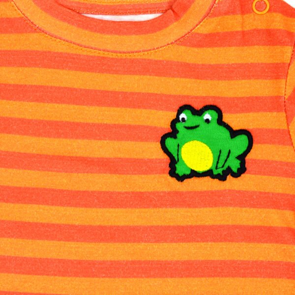 Unisex Baby Wear 100% Organic Cotton Half Sleeve Stripe T-shirt with cute Frog Embroidered - Orange - Image 4