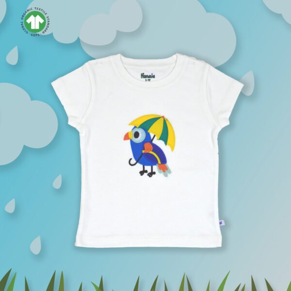 Trendy Unisex Kids Wear 100% Organic Cotton Half Sleeve T-shirt with Colorful Parrot Embroidered - White - Image 1