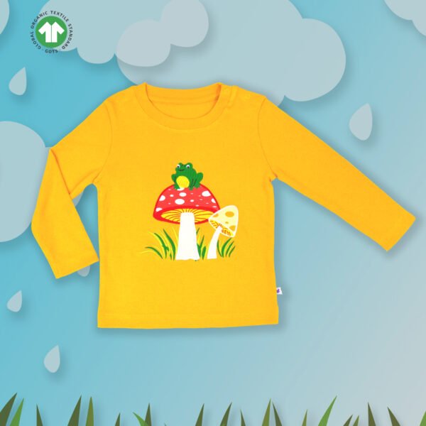 ODC-02 B Front Creative Modern Unisex Kids Wear 100% Organic Cotton Full Sleeve T-shirt with Frog & Mushroom Embroidered - Yellow - Image 1