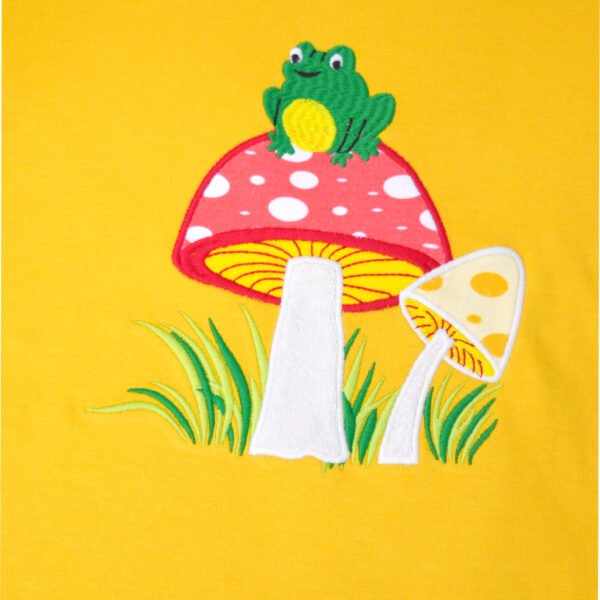 Modern Unisex Kids Wear 100% Organic Cotton Full Sleeve T-shirt with Frog & Mushroom Embroidered - Yellow - Image 4