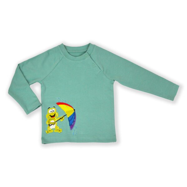 Modern Unisex Kids Wear 100% Organic Cotton Full Sleeve Raglan T-shirt with Umbrella & Frog Embroidered - Mint Green - Image 2