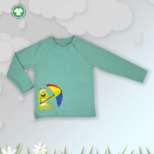 ODC-03 B Front Modern Unisex Kids Wear 100% Organic Cotton Full Sleeve Raglan T-shirt with Umbrella & Frog Embroidered - Mint Green - Image 1