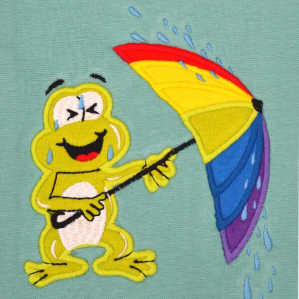 Modern Unisex Kids Wear 100% Organic Cotton Full Sleeve Raglan T-shirt with Umbrella & Frog Embroidered - Mint Green - Image 4