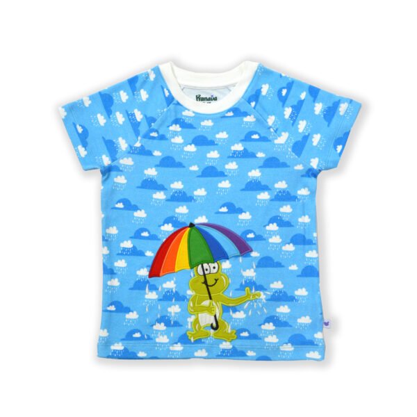 Stylish Unisex Kids Wear 100% Organic Cotton Half Sleeve Raglan T-shirt with Umbrella & Frog Embroidered - Sky Blue - Image 2