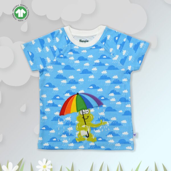 Stylish Unisex Kids Wear 100% Organic Cotton Half Sleeve Raglan T-shirt with Umbrella & Frog Embroidered - Sky Blue - Image 1