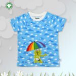 Stylish Unisex Kids Wear 100% Organic Cotton Half Sleeve Raglan T-shirt with Umbrella & Frog Embroidered - Sky Blue