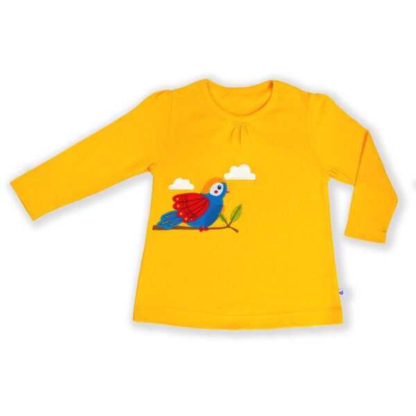 Modern Kids Wear for Girls 100% Organic Cotton Full Sleeve T-shirt with Parrot Embroidered - Yellow - Image 2