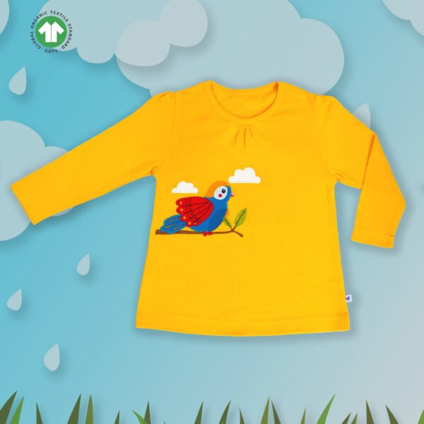 Modern Kids Wear for Girls 100% Organic Cotton Full Sleeve T-shirt with Parrot Embroidered - Yellow - Image 1