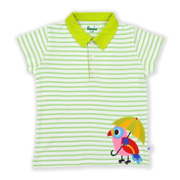 Fashionable Kids Wear for Boys 100% Organic Cotton Half Sleeve Stripes Polo T-shirt with Parrot Embroidered -  Green - Image 2