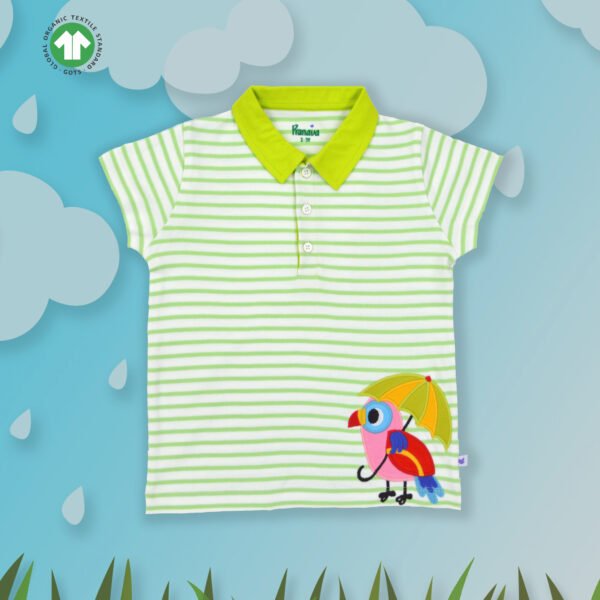 Fashionable Kids Wear for Boys 100% Organic Cotton Half Sleeve Stripes Polo T-shirt with Parrot Embroidered -  Green - Image 1