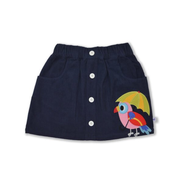 Stylish Kids Wear for Girls 100% Organic Cotton Corduroy Skirt with Cute Parrot Embroidered - Navy - Image 2