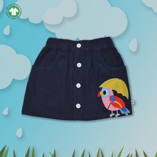 Stylish Kids Wear for Girls 100% Organic Cotton Corduroy Skirt with Cute Parrot Embroidered - Navy - Image 1