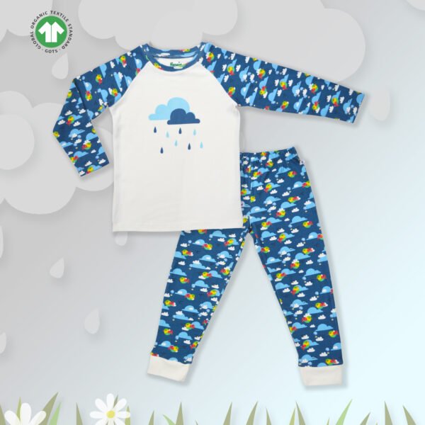 ODC-19 A Front Creative D Modern Unisex Kids Wear 100% Organic Cotton Full Sleeve Printed Raglan T-shirt and Pant Set - White & Blue - Image 1