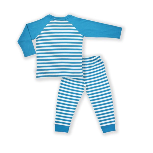 Unisex Kids Wear 100% Organic Cotton Full Sleeve Rainbow Embroidered Raglan Stripe T-shirt and Pant Set - White & Blue - Image 3