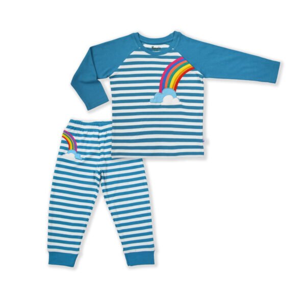 Unisex Kids Wear 100% Organic Cotton Full Sleeve Rainbow Embroidered Raglan Stripe T-shirt and Pant Set - White & Blue - Image 2