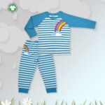 Unisex Kids Wear 100% Organic Cotton Full Sleeve Rainbow Embroidered Raglan Stripe T-shirt and Pant Set - White & Blue