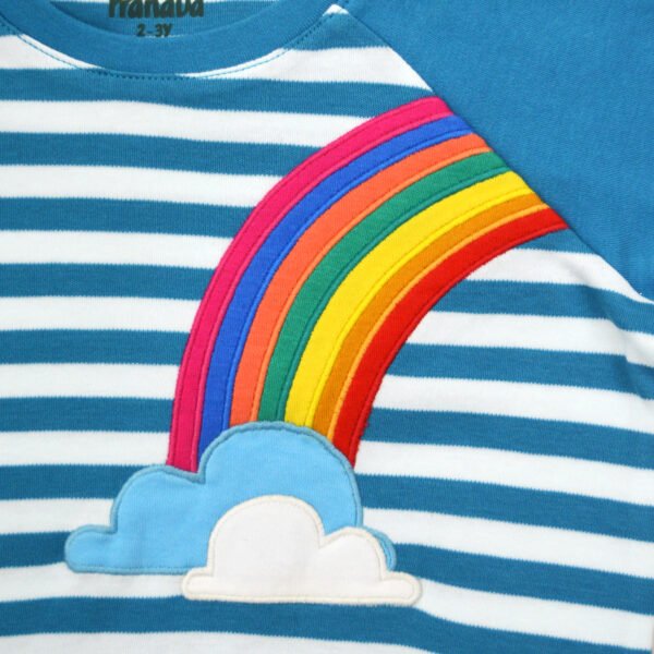 Unisex Kids Wear 100% Organic Cotton Full Sleeve Rainbow Embroidered Raglan Stripe T-shirt and Pant Set - White & Blue - Image 4