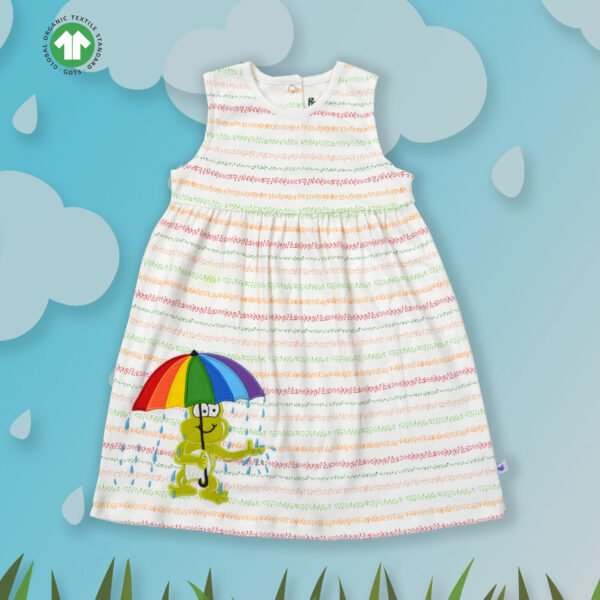 Trendy Baby Wear for Girls 100% Organic Cotton Sleeveless Dotted Stripe Frock with Frog Embroidered - White - Image 1