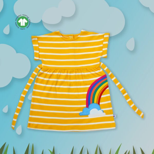 Fashionable Baby Wear for Girls 100% Organic Cotton Stripe Yoke Frock with Rainbow Embroidered - Yellow - Image 1