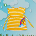 Fashionable Baby Wear for Girls 100% Organic Cotton Stripe Yoke Frock with Rainbow Embroidered - Yellow