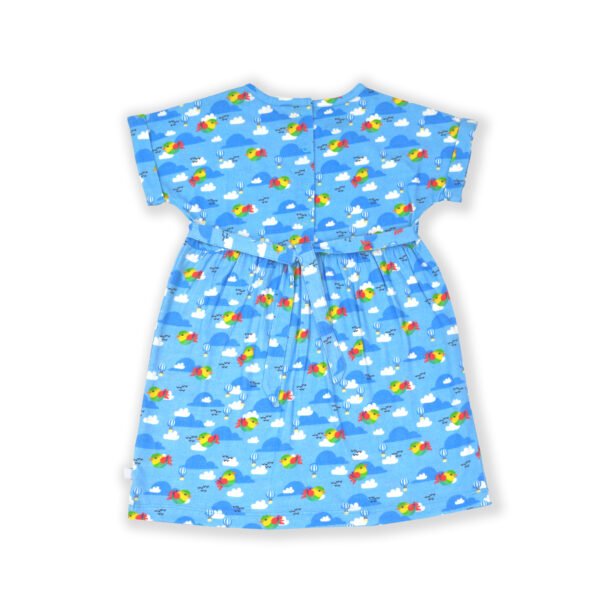 Trendy Baby Wear for Girls 100% Organic Cotton Yoke Frock with All Over Cloud and Birds Printed - Sky Blue - Image 3