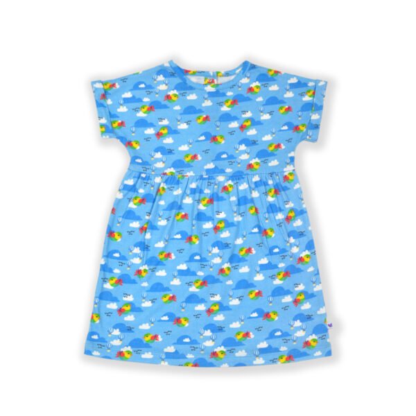 Trendy Baby Wear for Girls 100% Organic Cotton Yoke Frock with All Over Cloud and Birds Printed - Sky Blue - Image 2