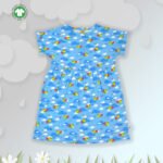 Trendy Baby Wear for Girls 100% Organic Cotton Yoke Frock with All Over Cloud and Birds Printed - Sky Blue