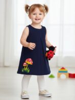 Fashionable Kids Wear for Girls 100% Organic Cotton Sleeveless Corduroy A-Line Frock with Mushroom Embroidered - Navy